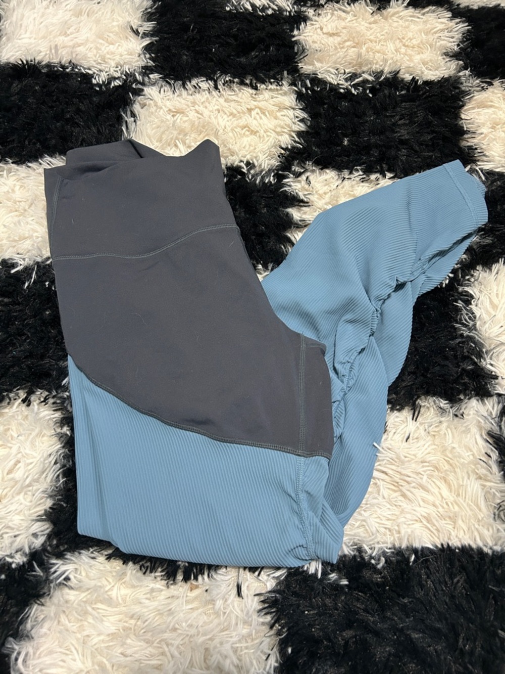 High-Waist Blue Ribbed Leggings with Charcoal Contrast Panel
